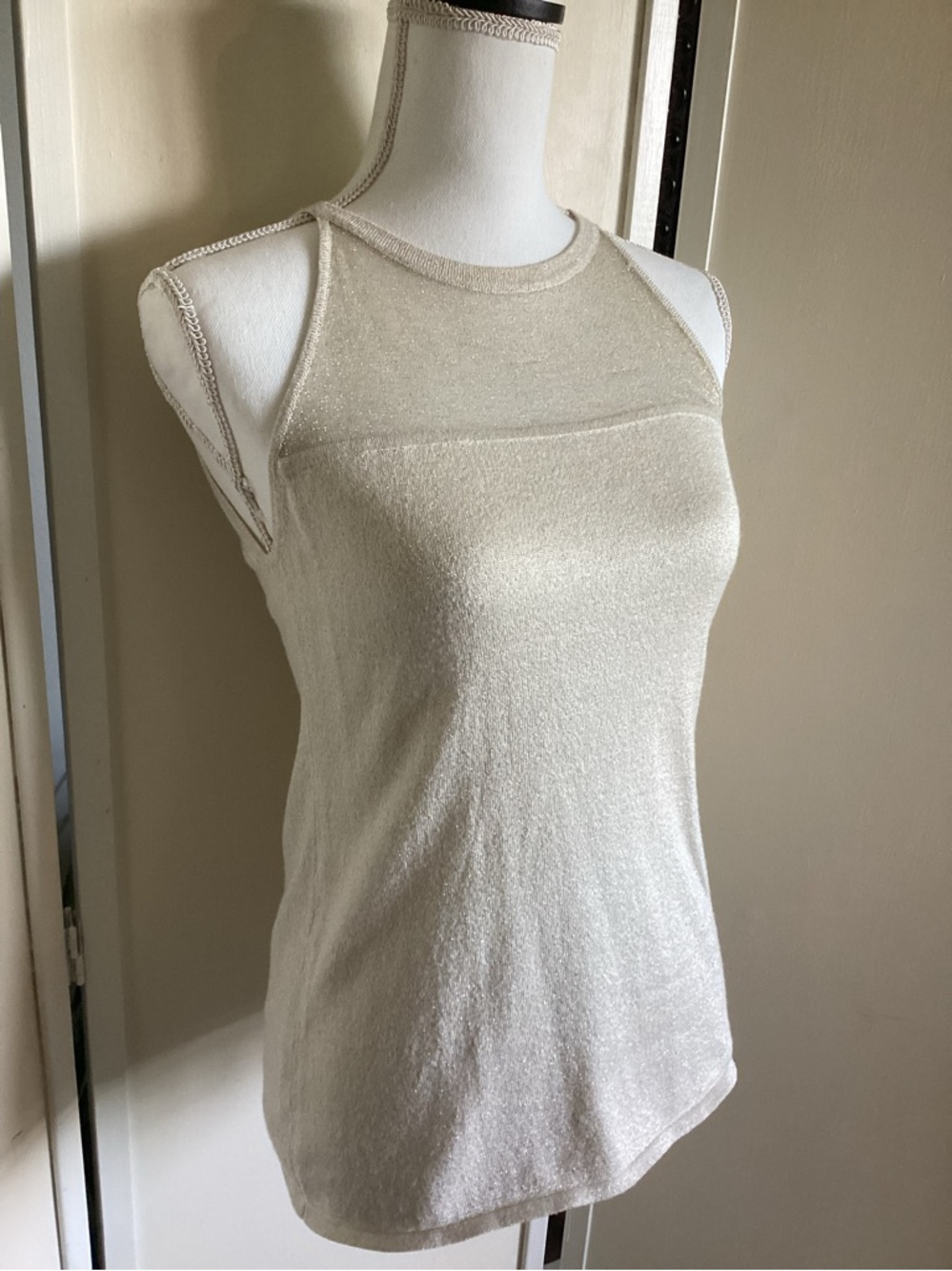White House Black Market shimmer tank XS gold metallic knit EUC sheer yoke